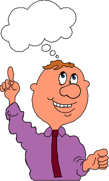 The cartoon shows a man with glasses pointing to his head where there's an empty thought bubble above it; he is gesturing towards this bubble as if explaining something.