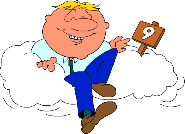 The cartoon shows a man sitting on clouds with his legs crossed over each other while holding up an index finger to indicate number 9. He is wearing blue jeans and has blonde hair. There's another cloud in front of him, also featuring white puffy clouds against a dark background. No text or additional objects are present. The style appears cartoonish with simple lines for the man and his surroundings.