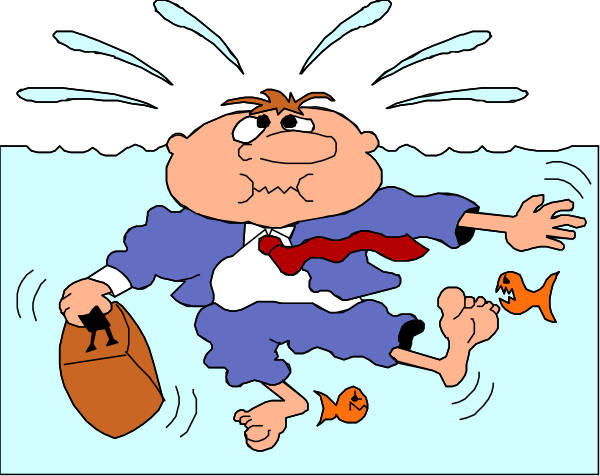 The cartoon shows a man falling into water with his tie flapping around him while holding onto two fish; he is wearing blue pants and has black hair.