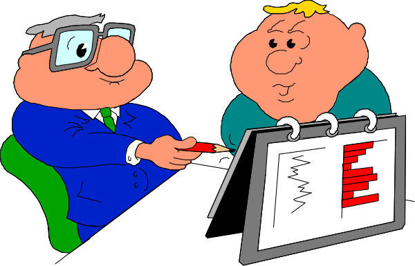 The cartoon shows three animated characters sitting around a table with graphs on it; two of them appear to be men wearing glasses while one is holding what looks like an electronic device in his hand.