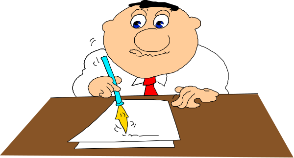The cartoon shows a man sitting at his desk with papers on it; he is writing something while holding an ink pen in one hand.