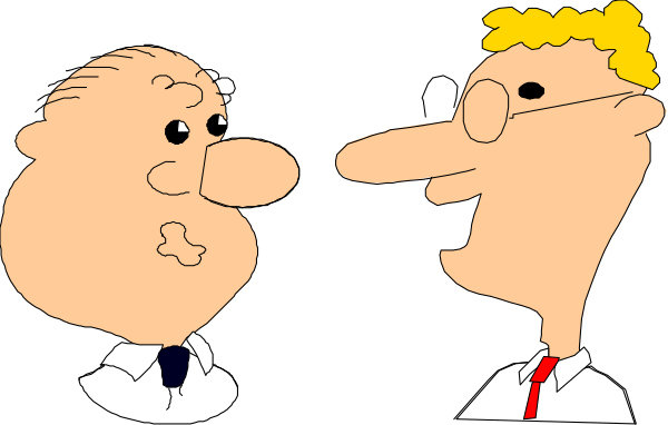 The image shows a cartoon of three men with exaggerated facial features; two have mustaches while another has glasses. They appear to be in conversation as one man is pointing at something off-screen towards his companion, who seems surprised and looking upwards.