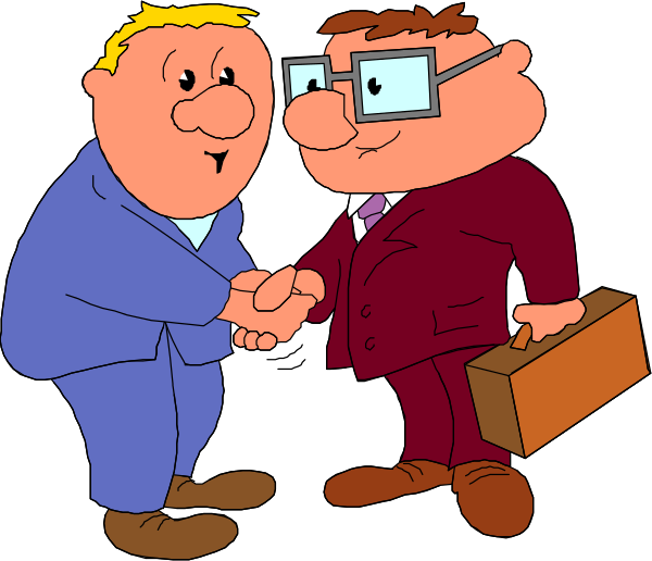 The cartoon shows three men shaking hands; two of them wear suits with ties while standing on a carpeted floor indoors, one man is wearing glasses and has his hand in pocket as he smiles at another who extends their right arm for a firm shake.
