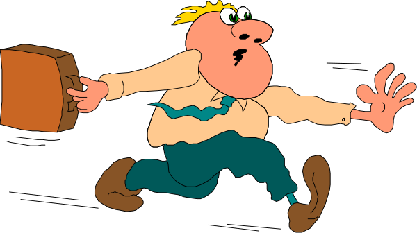 The cartoon shows a man running with two suitcases; he's wearing overalls and has his arms outstretched as if in motion.