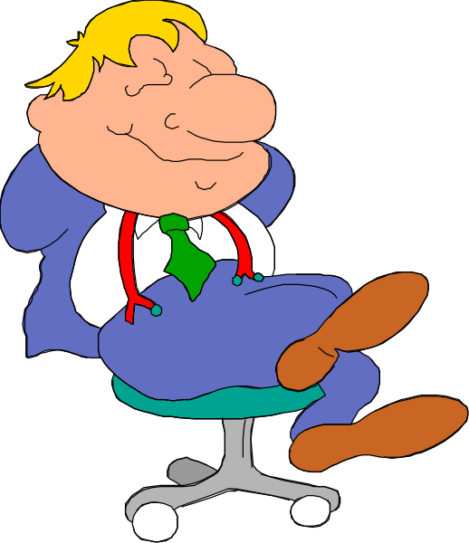 The cartoon depicts a man sitting on an office chair with his feet up on another desk while wearing glasses; he is dressed in blue pants, brown shoes, white shirt, red tie, and has blonde hair.