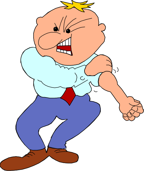 The cartoon shows a man with an exaggerated facial expression of anger; he is wearing blue jeans and has his fist clenched in front of him as if ready to punch someone.