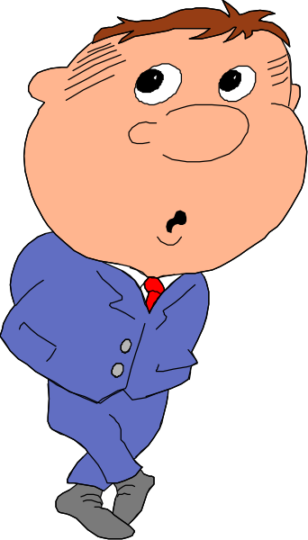 The cartoon shows a man standing with his hands on hips against a plain background; he is wearing a suit jacket over a blue shirt and has short hair.