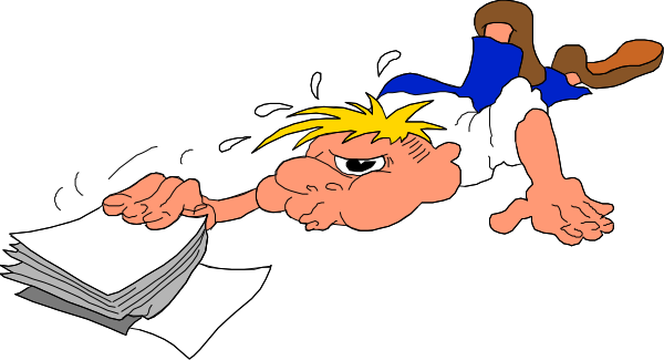 The cartoon shows a character lying on his back with papers flying around him while he appears to be reading them; there's an exclamation mark above his head indicating surprise or shock.