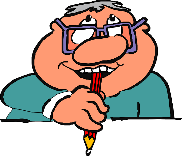 The cartoon shows a man with glasses sitting at his desk writing on paper while holding a pen; he is wearing an orange shirt under a blue jacket.