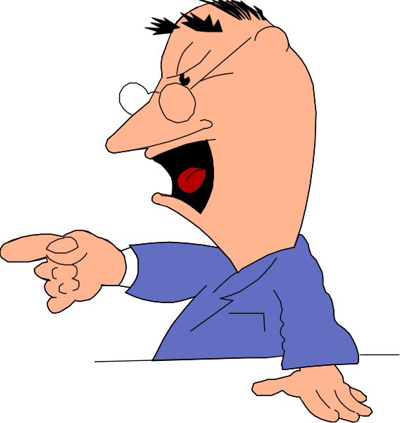 The image shows two panels of a cartoon character with exaggerated facial expressions; on left panel he is pointing his finger accusingly at someone off-frame while in right panel he has an open mouth as if shouting, both set against black backgrounds without any additional context or setting provided by the clip art.
