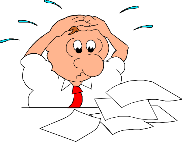The cartoon shows a man with his head resting on papers that he's reading at an office desk; there is no text in this image.