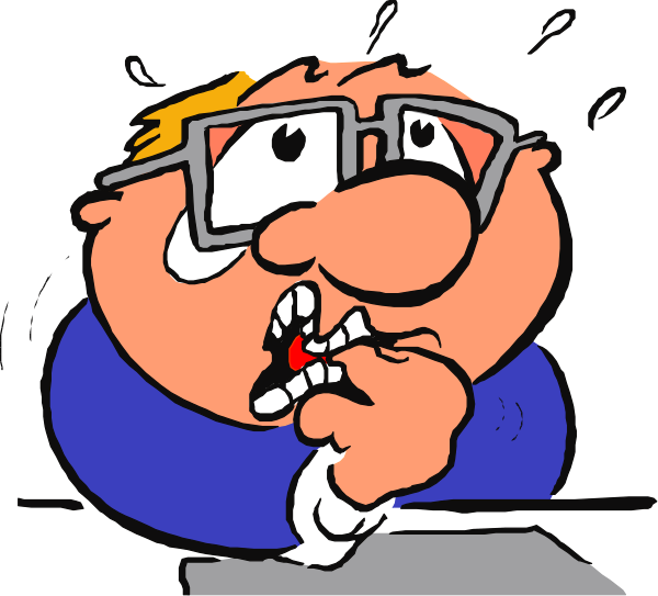 The cartoon shows a man with glasses making an exaggerated facial expression while sitting at his desk; he is holding up two fingers in front of him as if to emphasize something.