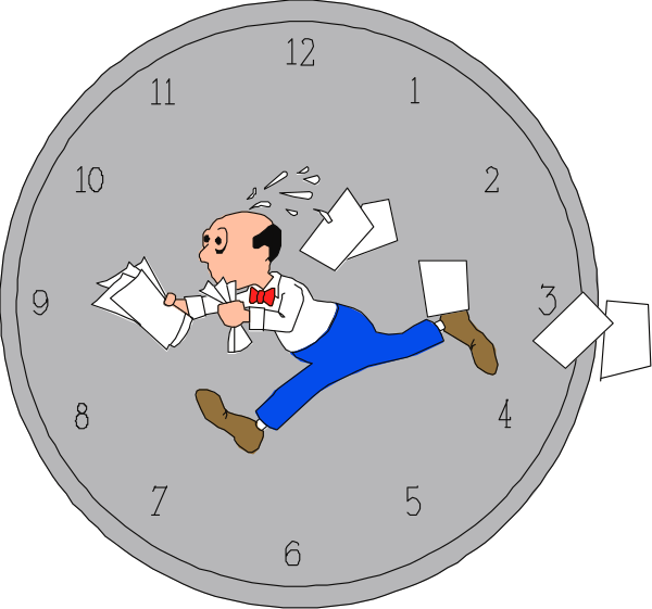 The image shows a split second of two clocks with an animated character running between them while holding papers; on the left clock it's 12:05 PM, showing no activity except for one paper falling from its edge onto another below labeled "9 AM," and both have hands pointing to different times. On the right side is a man in blue jeans who appears surprised or shocked as he runs with his arms outstretched towards papers flying around him; above this clock it's 12:05 PM, showing no activity except for one paper falling from its edge onto