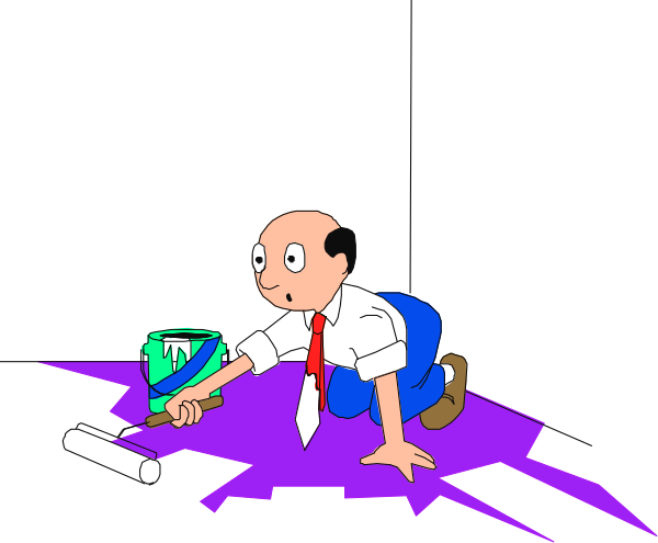 The cartoon shows a man with glasses holding an object that looks like a hammer over another figure who is lying on their back in front of him; both characters appear to be engaged in some sort of activity involving tools and objects, possibly related to construction or repair work.