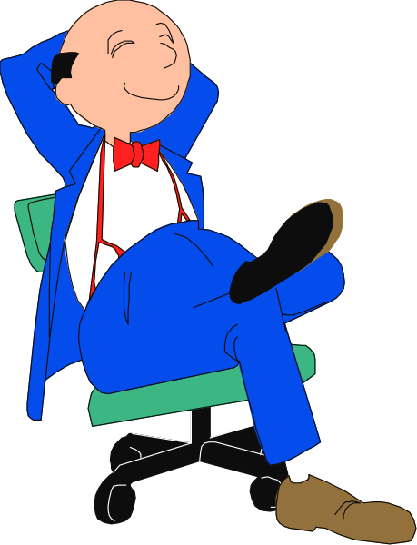 The cartoon shows a man sitting on an office chair with his feet up on another chair while wearing blue pants and holding onto a red tie around his neck; he is smiling contentedly in front of what appears to be a desk, which has no visible items or objects other than itself.