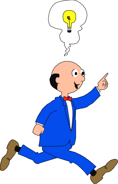 The cartoon depicts a man running with his hand pointing upwards towards an idea bubble above him; he is dressed in blue suit pants and brown shoes, wearing glasses on top of his head.