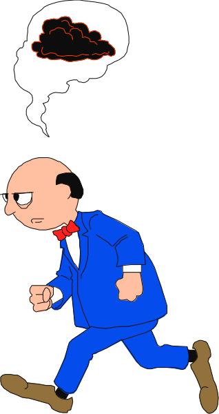 The cartoon shows a man running with his head filled by thought bubbles containing various clouds of different shapes; he is wearing a suit and tie.
