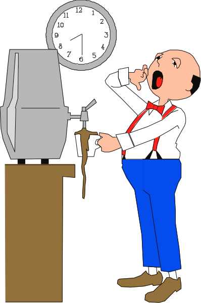 The cartoon depicts a man standing next to an old mechanical cash register on his desk with a surprised expression as he looks at it while holding what appears to be money in one hand and pointing towards something off-frame, possibly indicating that there is no change coming out of the machine or some issue.