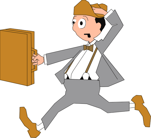 The cartoon shows a man dressed as an agent running with two briefcases; he is wearing a suit and tie, has brown hair, wears glasses, holds his hat in hand while looking to one side, and appears surprised by something off-frame.