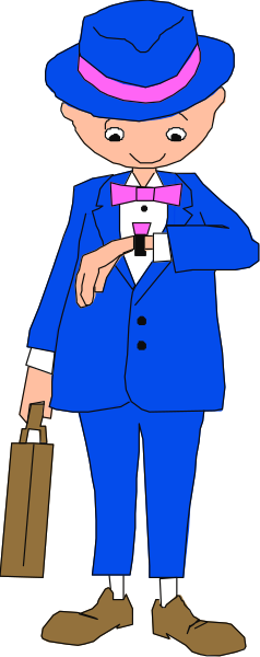 The image features a cartoon character dressed as an old man with blue suit holding a cane standing next to another figure who is wearing a top hat and has his hands in pockets looking at something off-camera, both characters appear to be waiting for someone outside during daylight hours on what looks like a city street.