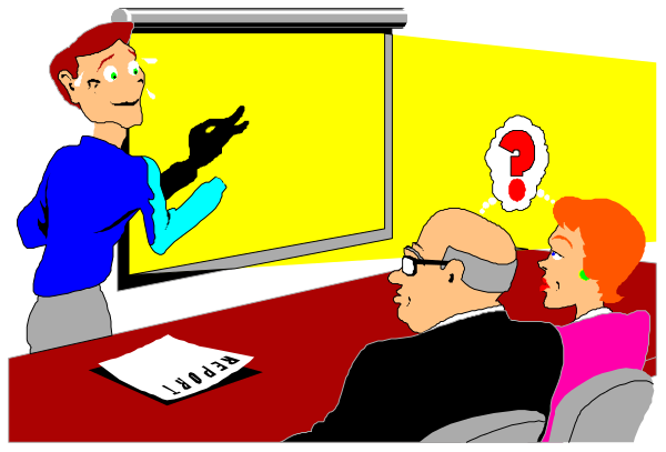 The cartoon shows a man standing at an office desk with two colleagues behind him; he is pointing to something on his computer screen while gesturing towards it with one hand raised in question mark formation.