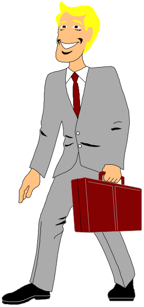 The cartoon shows a man dressed as an executive with briefcase walking down a hallway while smiling at something off-frame to his right side of image.