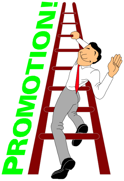 The image shows a cartoon of an individual climbing up a ladder with their arms outstretched towards something labeled "PROMOTION."