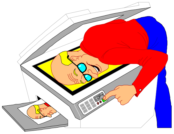 The cartoon shows a man leaning over an open printer with his head inside it while looking at something on top of the machine that resembles a face; he is wearing glasses and has short hair.