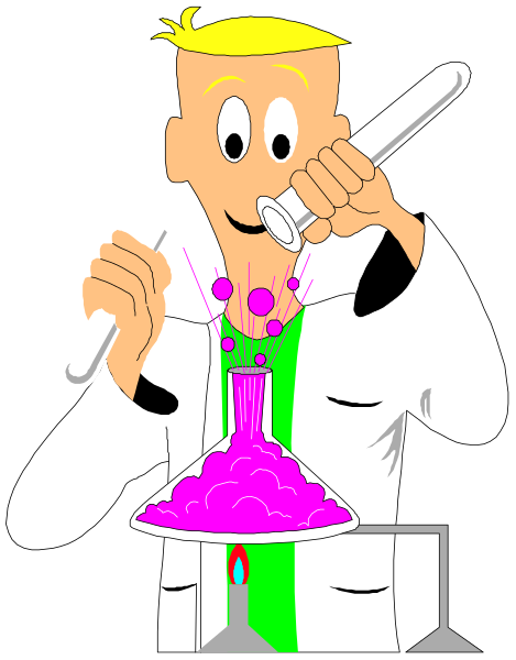 The cartoon depicts a scientist with purple bubbles coming out of his beaker while he is looking at them through a microscope under laboratory conditions.