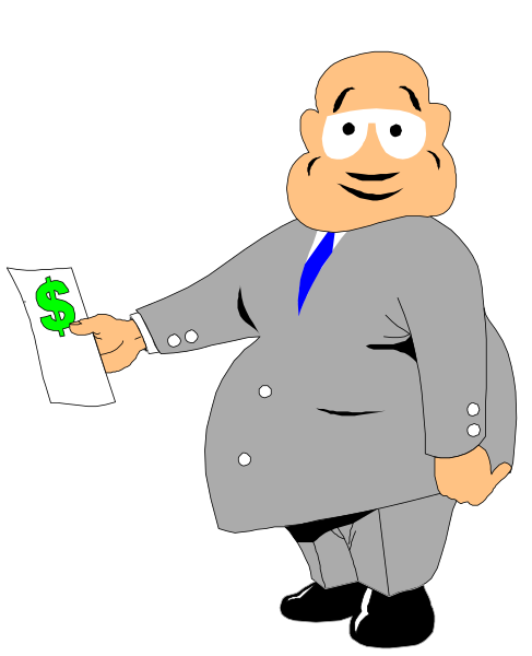 The cartoon shows a man dressed as an overweight businessman holding papers with money on them while standing next to another figure that appears to be handing him something; both figures have exaggerated facial features typical of clip-art illustrations, and there is no background detail provided in the image.