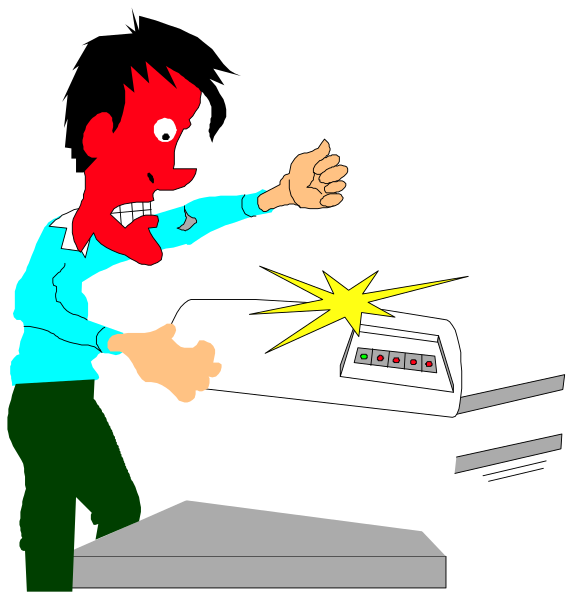 The cartoon shows two panels: In panel A on top left, a man is pointing at an ATM machine with his finger raised in alarm; he has red hair and wears glasses. Panel B below it depicts another scene where this same character appears to be yelling or gesturing towards the camera while standing next to a similar-looking device that seems damaged by impact from above, as indicated by sparks flying out of its top right corner. The background is black with white highlights on both panels' borders and characters.