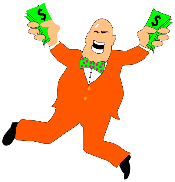 The cartoon shows a man dressed as an orange suit with money flying out of his hands while he is jumping for joy in front of two dollar signs on either side.