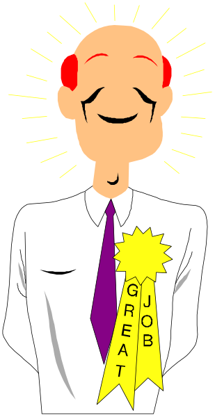 The image shows a cartoon of an older man with red hair wearing glasses standing next to his trophy that reads "GREAT JOB" in purple letters on top of it.