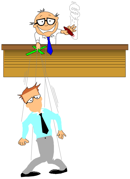 The image shows a cartoon of two men: on top, an older man with glasses is pointing to something off-screen; below him stands another figure who appears surprised as he's being manipulated by strings from above into various poses and actions that suggest control or puppetry.