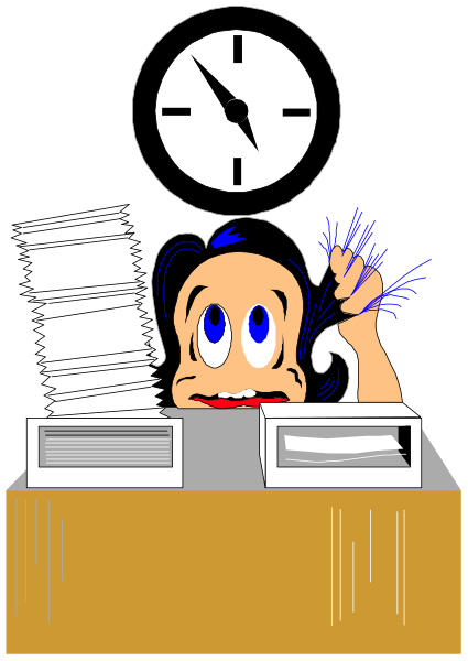The illustration depicts a cartoon character sitting at an office desk with papers scattered around them; there's also a clock on the wall showing 10:35 pm. A stack of books is in front, and to their right stands another book or folder upright. To the left side of this scene are two stacks of paper being sorted through by hands that appear from behind the character. The overall setting suggests an office environment with a focus on work-related tasks such as organizing documents.