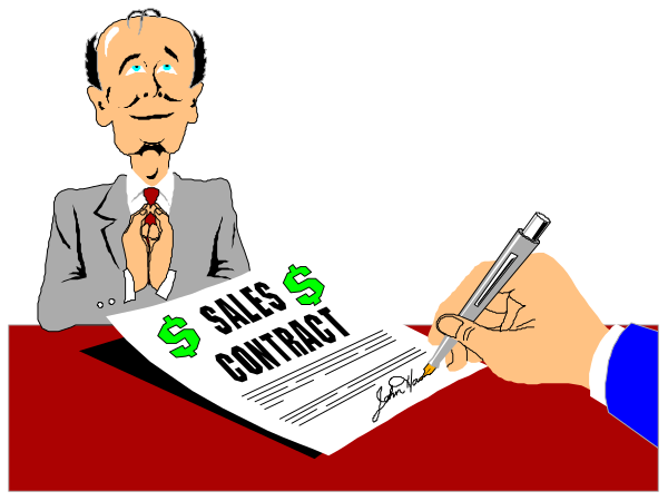 The cartoon shows a man signing sales contracts at his desk with an illustration of him looking over them while seated on a chair in front of it.