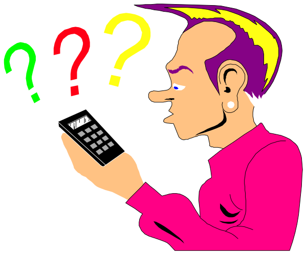 The cartoon shows a person holding up their phone with various question marks on it against an unrelated background of what appears to be a kitchen scene.