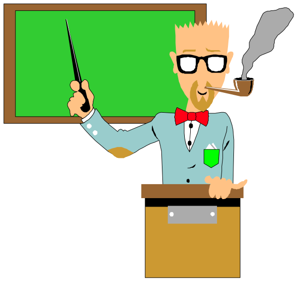 The cartoon depicts a man standing at an easel with chalk in hand, teaching from behind it to students who appear attentive; he is wearing glasses, has brown hair, wears a blue suit and tie, holds up his finger as if emphasizing something important during the lesson.