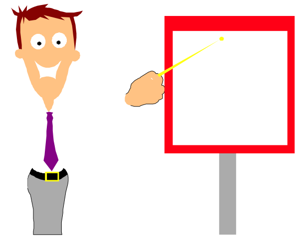The cartoon shows a man standing next to an easel with whiteboard paper on it; he is pointing at something off-screen while holding up his finger as if making a point during presentation.