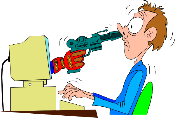 The cartoon shows a man sitting at his computer with an unusual gun pointed directly into it from above; he appears surprised as if caught off guard by this unexpected event.