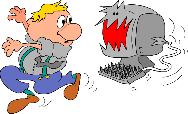 The cartoon shows two animated characters running towards a computer with an open mouth; it's set against black background.