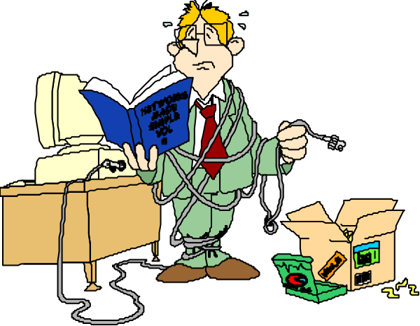 The cartoon shows a man standing next to an open cardboard box with various items spilling out onto the floor; he is wearing glasses over his eyes while holding what appears to be computer cables in one hand and looking down at them, seemingly confused by their tangled state or perhaps overwhelmed by work.