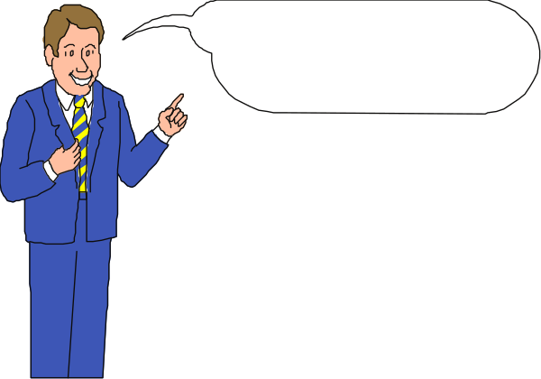 The cartoon shows two men standing side by side with speech bubbles above their heads; both have blue suits on and appear to be engaged in a conversation.