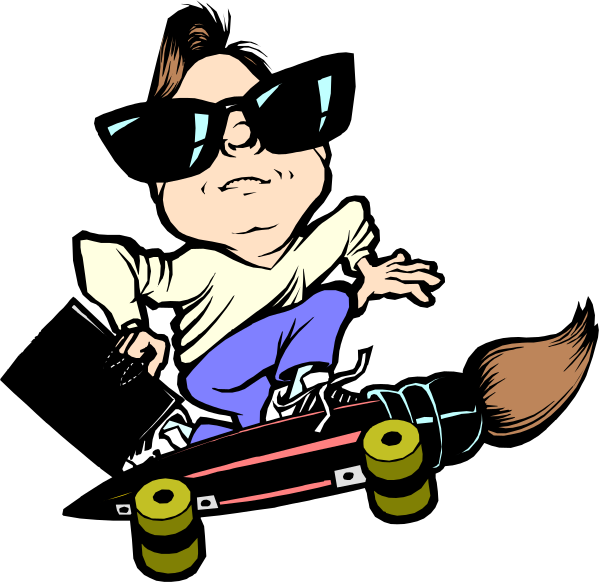 The cartoon shows a person riding on top of skateboards with sunglasses over their eyes while wearing blue jeans; there is no background detail provided in this image snippet.