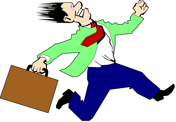 The image shows a cartoon of an adult male character running with two briefcases while wearing business attire; he is depicted in black-and-white line drawing against a dark background.