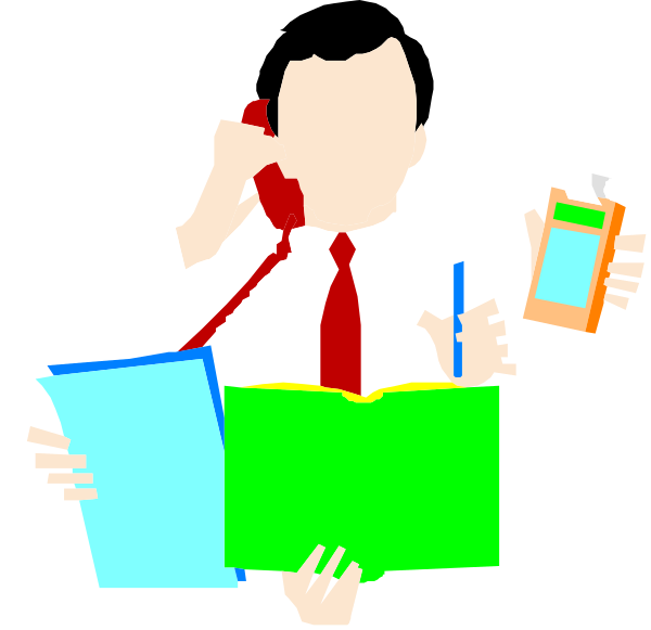 The image shows a cartoon of an office worker holding two phones to their ears while standing next to a desk with papers on it; another figure is shown sitting at that same desk using one phone and surrounded by various items like books, pens, scissors, stapler, clipboard, calculator, cup, keyboard, mouse.