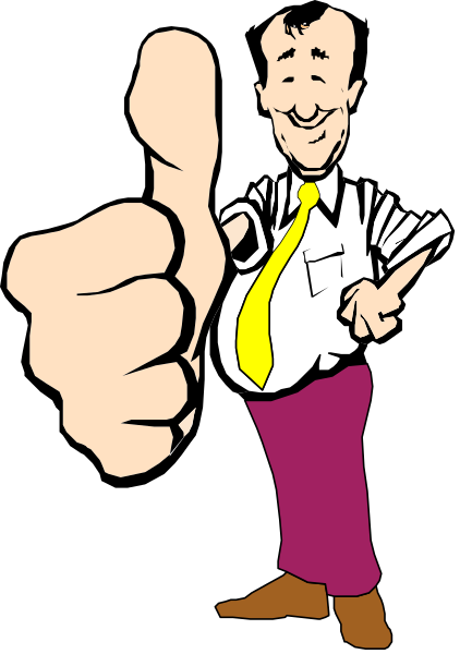 The cartoon shows a man giving thumbs up with his right hand while holding out an index finger on his left hand to indicate number one. He is wearing glasses and has short hair.
