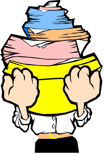 The image shows a cartoon character with an exaggeratedly large head holding up several books that appear to be falling apart at their spines; there is no background detail visible in this clip-art illustration, focusing solely on these elements of the scene.