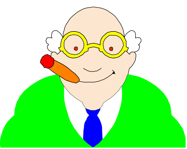 The cartoon shows a man smoking from his pipe while holding cigars with both hands; he is wearing glasses and has gray hair.