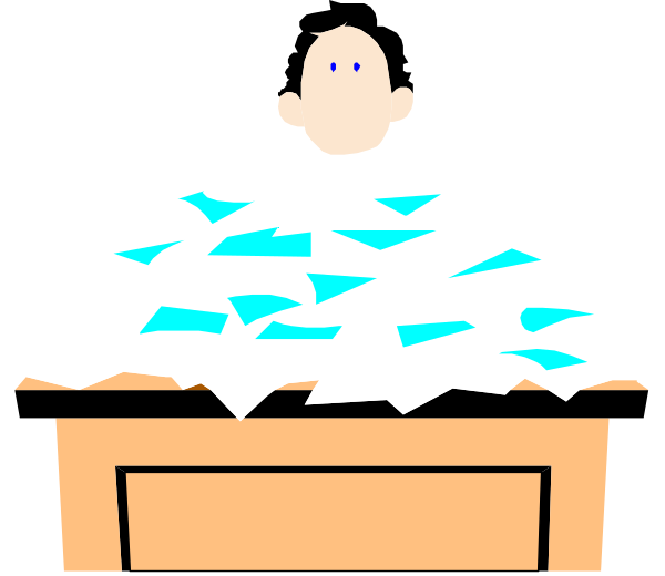 The image shows a cartoon of an office desk with papers scattered across it; above is a character's head peeking out from behind some paperwork that reads "Paper Jam."